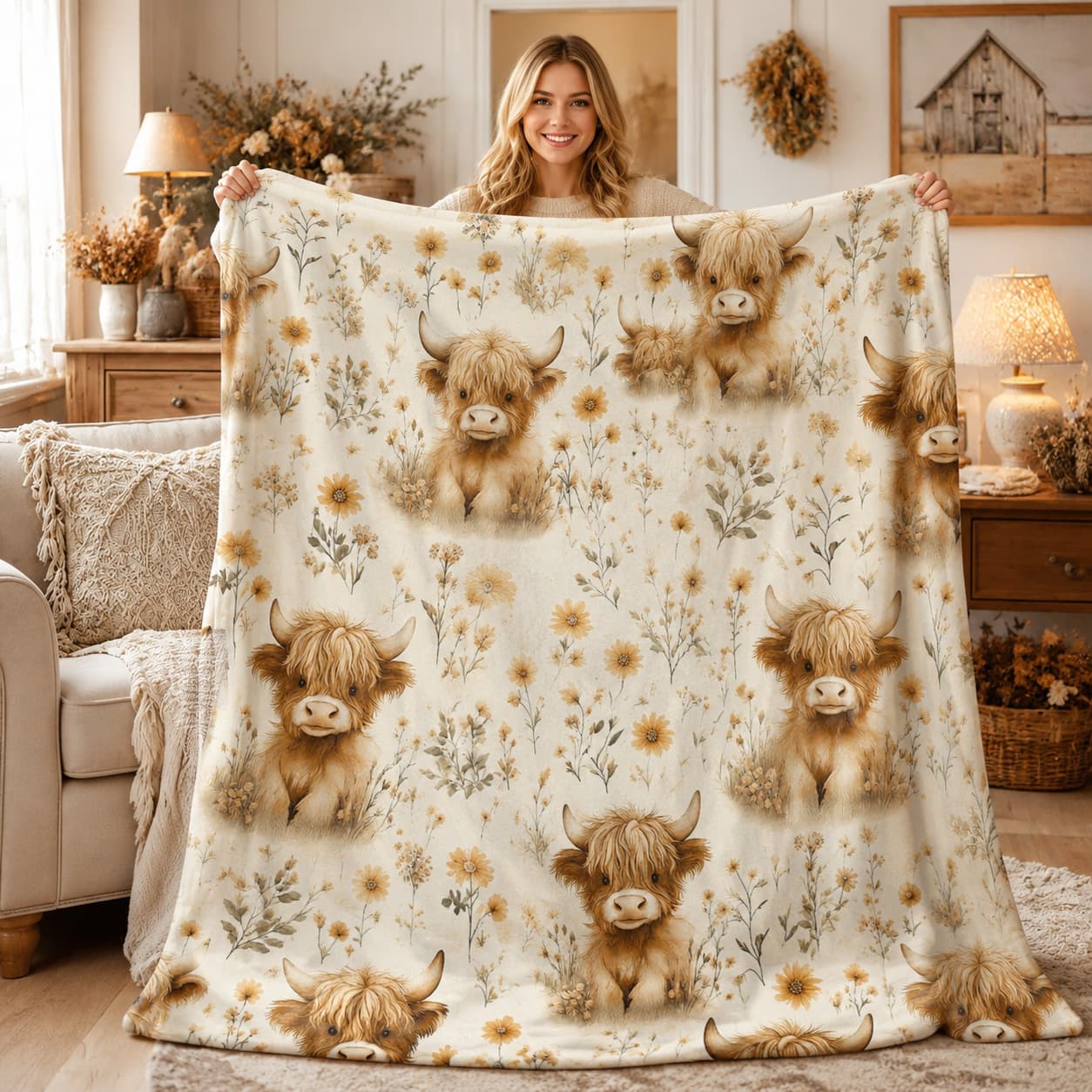 Highland Home Textiles - 1pc, Vintage Highland Cow And Sunflower